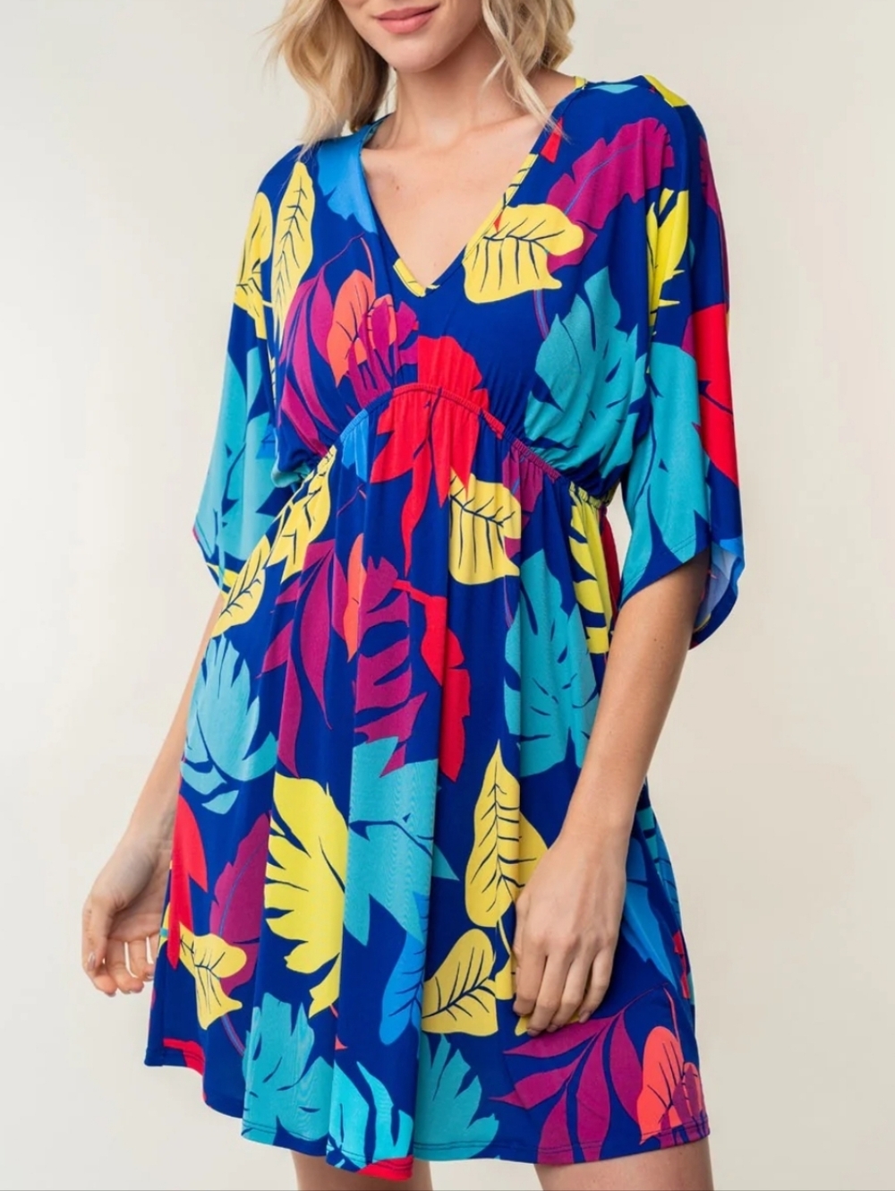 White Birch Royal Blue Tropical Leaf V-Neck Mini Dress 3X